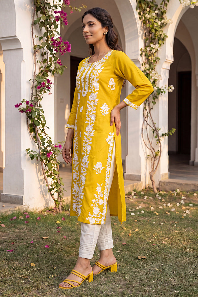 Yellow Viscose Rayon Solid Embroidered Regular Kurta VCK9816
