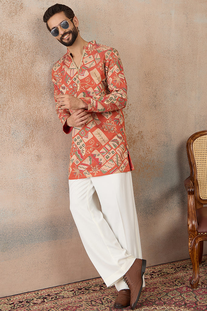 Coral Silk Blend Abstract Embroidered Kurta With Trouser MKSET2458