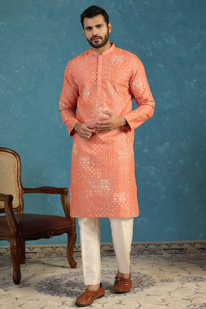 Orange Linen Blend Bandhani Printed Kurta With Trouser MKSET2638