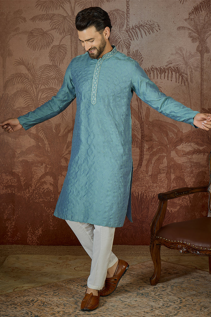 Teal Jacquard Solid Embroidered Kurta With Trouser MKSET2502