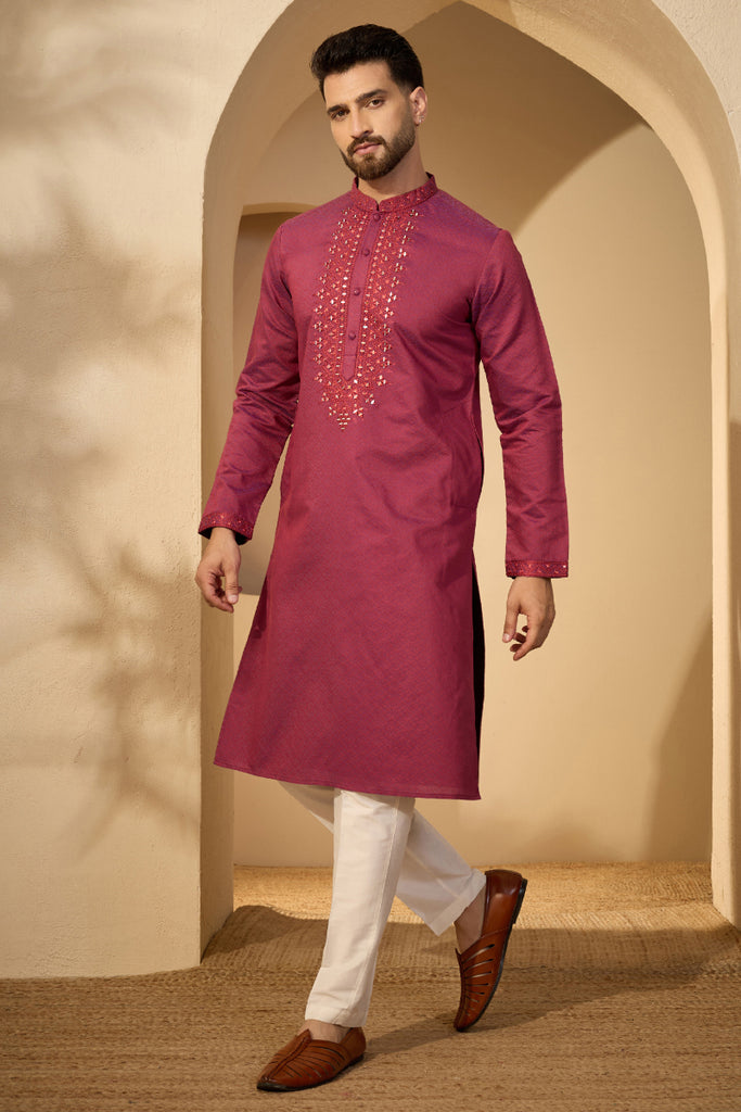 Fuchsia Jacquard Solid Embroidered Mandarin Collar Kurta With Trouser MKSET2720