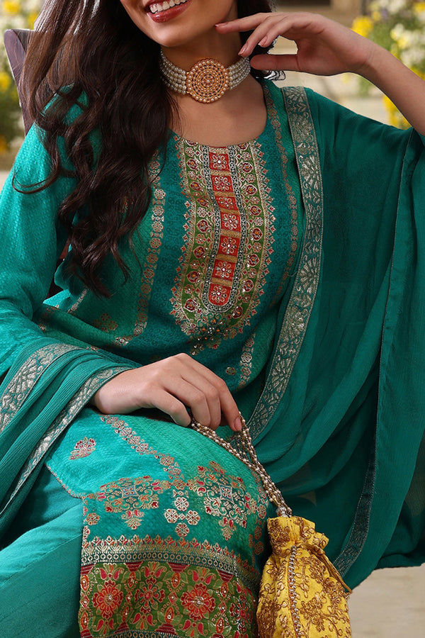 Teal Blue Organza Ethnic Woven Design Straight Trouser Suit Set PKSKD2580