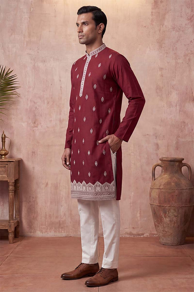 Silk Blend Maroon Solid Embroidered Calf Length Straight Kurta MKU2270