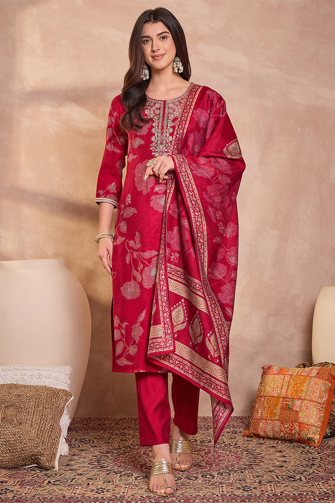 Pink Silk Blend Floral Printed Straight Kurta Trouser With Dupatta PKSKD3218