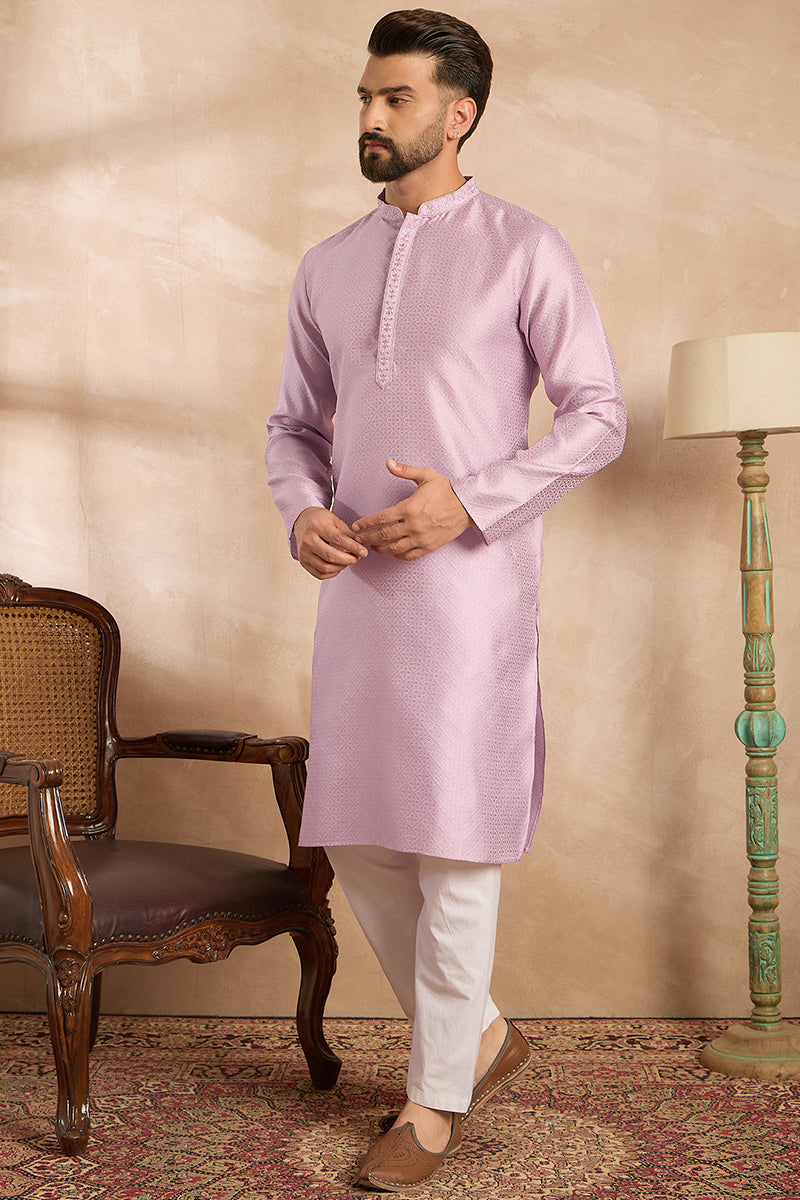 Lavender Polyester Solid Embroidered Straight Kurta With Trouser MKSET1736
