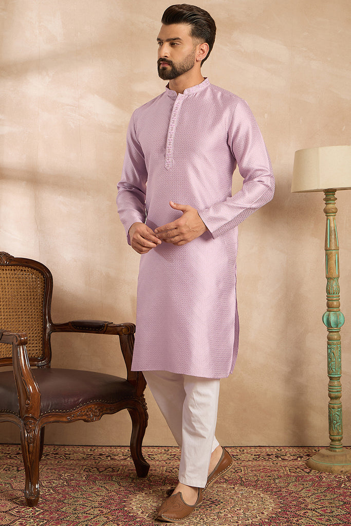 Lavender Polyester Solid Embroidered Straight Kurta With Trouser MKSET1736