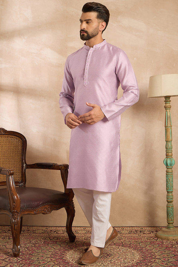 Lavender Polyester Solid Embroidered Straight Kurta With Trouser MKSET1736