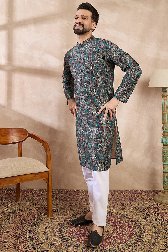 Black Silk Blend Floral Printed Straight Kurta MKU2015