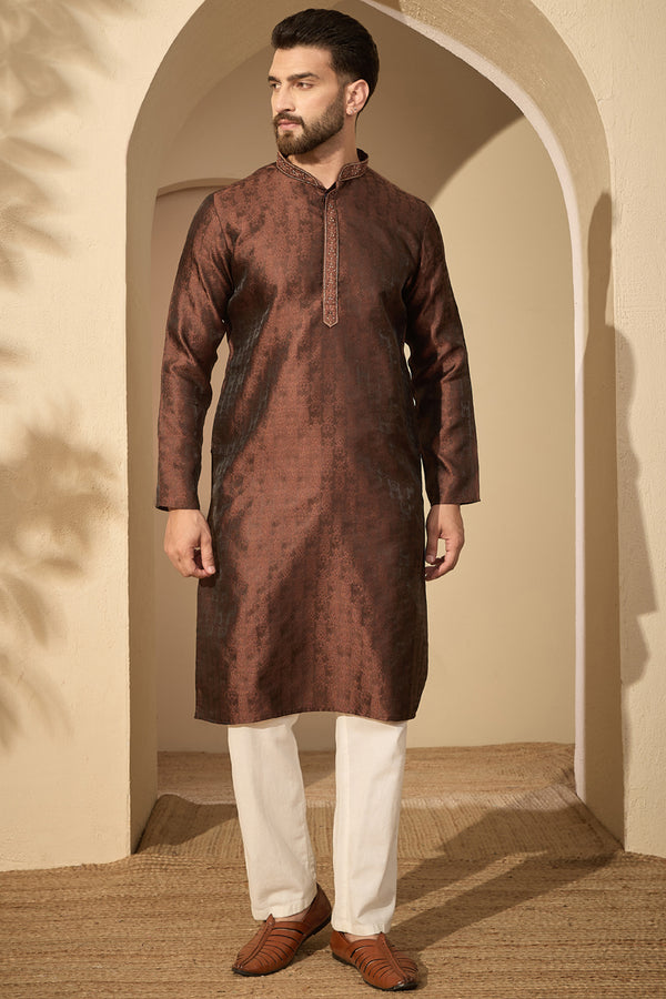 Brown Jacquard Solid Embroidered Mandarin Collar Kurta With Trouser MKSET2752