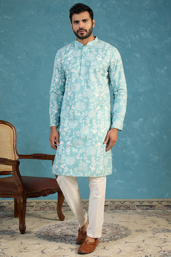 Teal Viscose Rayon Embroidered Calf Length Straight Regular Kurta With Trouser MKSET1765
