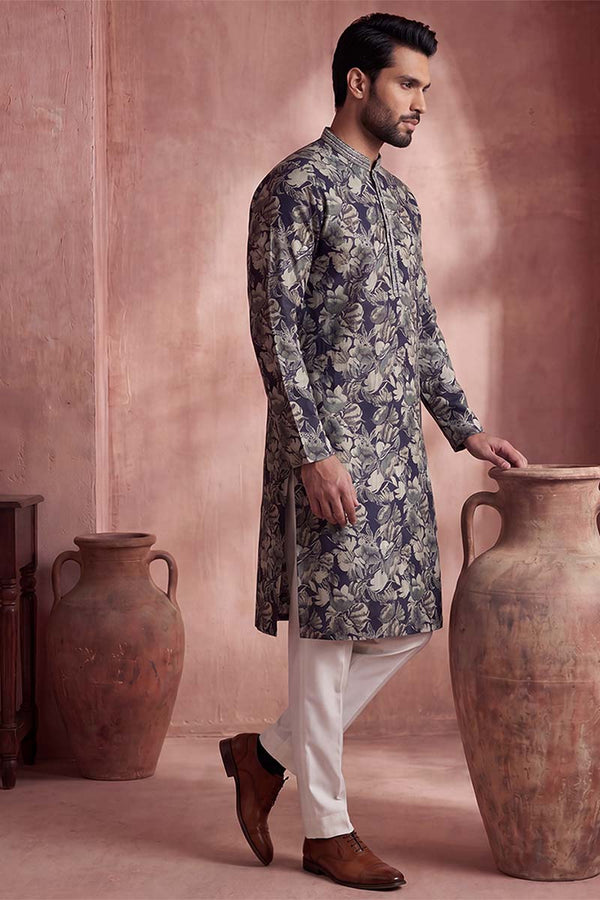 Blue Viscose Rayon Floral Printed Kurta With Trousers MKSET1982