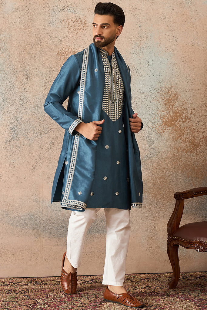Blue Silk Blend Solid Embroidered Kurta And Trouser With Dupatta MKPD1048