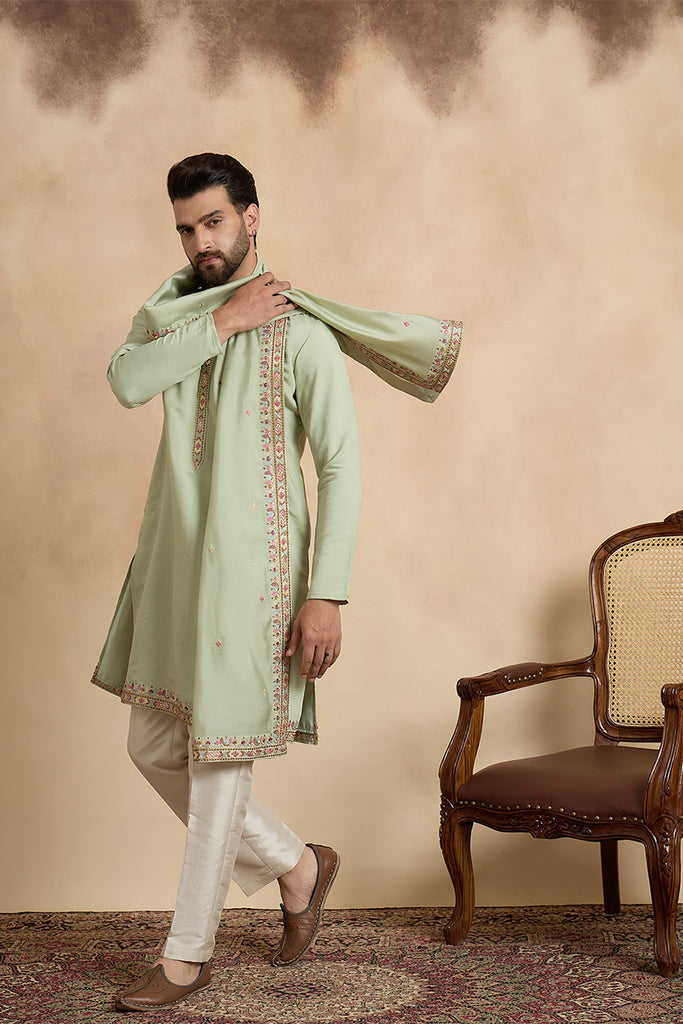 Green Silk Blend Solid Embroidered Sequins Kurta With Dupatta MKUD1070