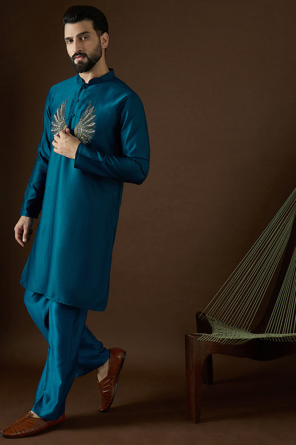 Navy Blue Silk Blend Solid Embroidered Kurta With Trouser MKSET2063