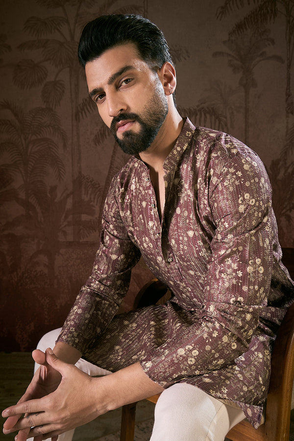 Mauve Silk Blend Floral Printed Straight Kurta With Trouser MKSET1932