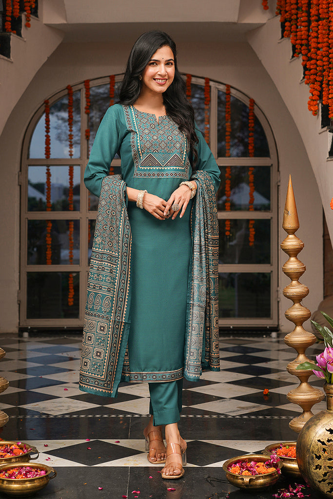 Teal Cotton Blend Ajrakh Printed Straight Kurta Trousers With Dupatta PKSKD3082
