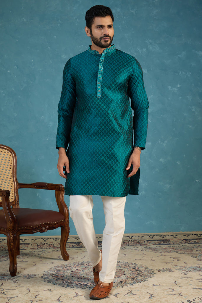 Teal Silk Blend Woven Design Straight Kurta MKU1838