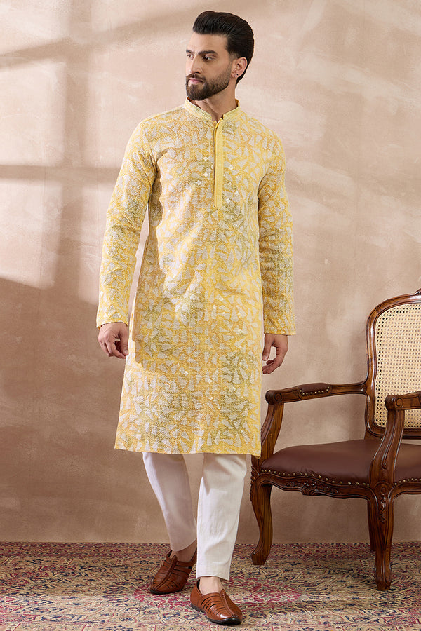 Yellow Viscose Rayon Solid Printed Straight Kurta With Trouser MKSET1657