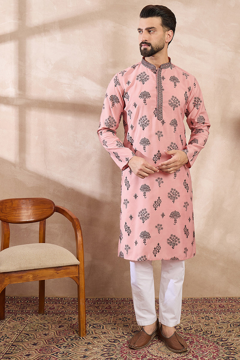 Peach Silk Blend Solid Embroidered Straight Kurta With Trouser MKSET1804