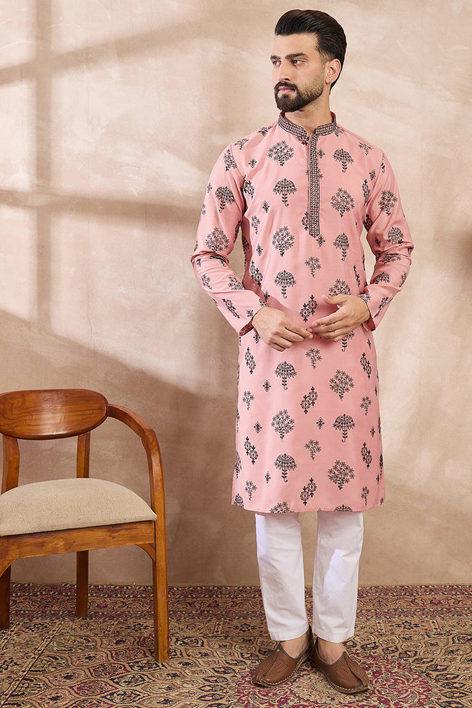 Peach Silk Blend Solid Embroidered Straight Kurta With Trouser MKSET1804
