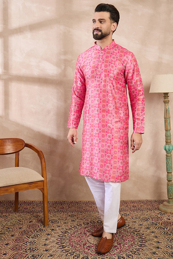 Pink Silk Blend Ethnic Motifs Printed Straight Kurta With Trouser MKSET1990