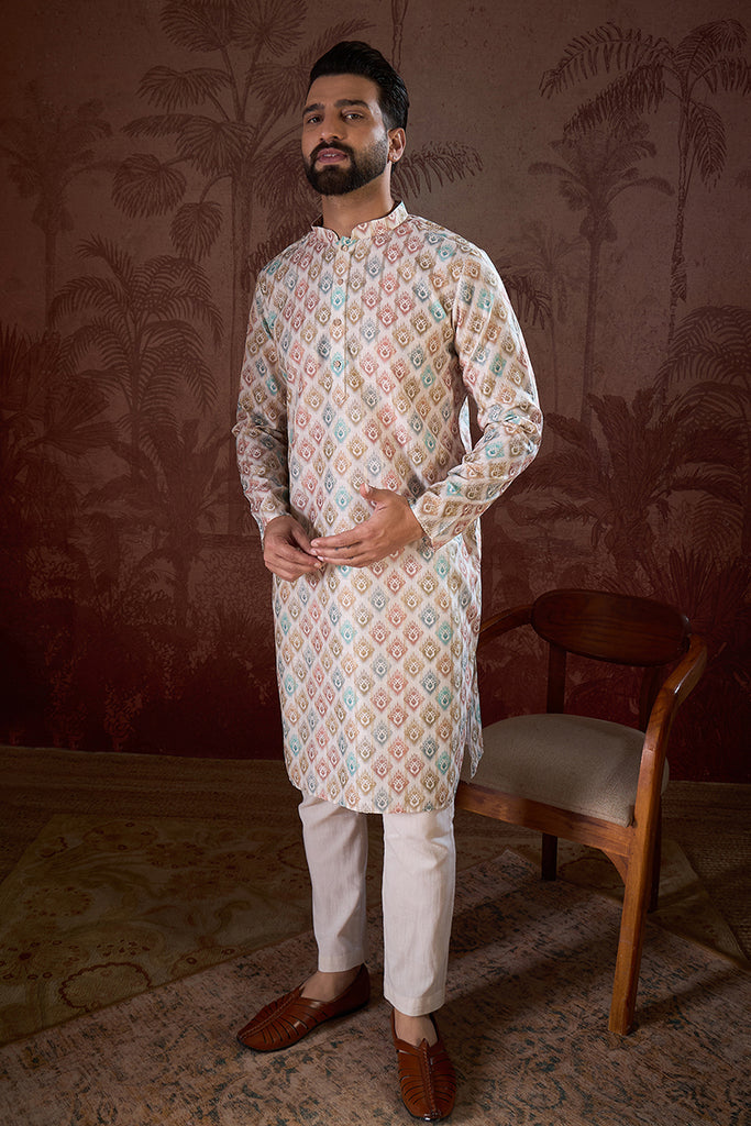 White Silk Blend Ethnic Motifs Printed Straight Kurta MKU1924