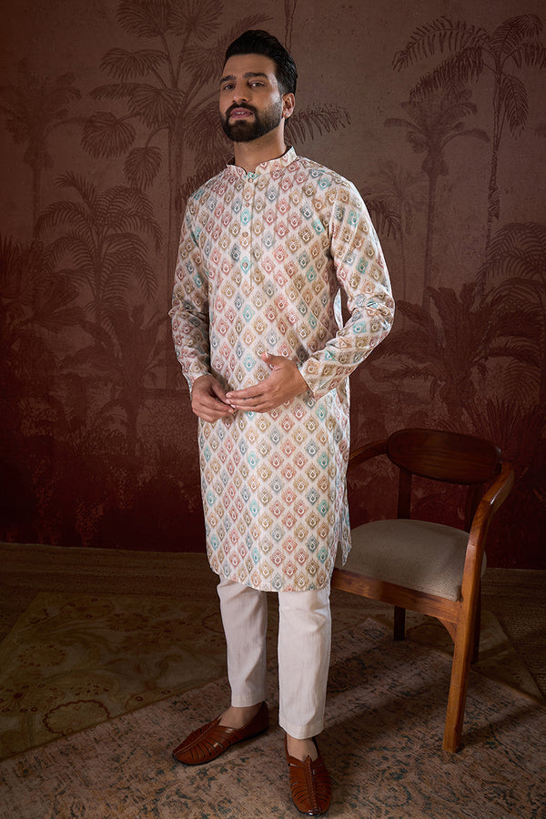 White Silk Blend Ethnic Motifs Printed Straight Kurta MKU1924