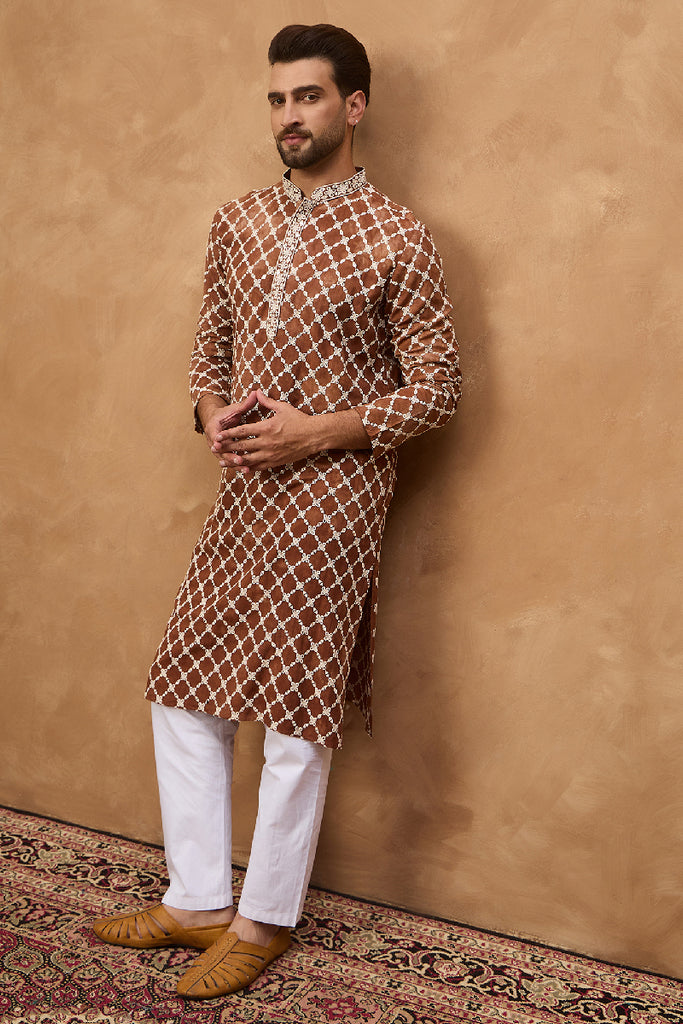 Brown Viscose Rayon Solid Embroidered Straight Kurta HMKU1535