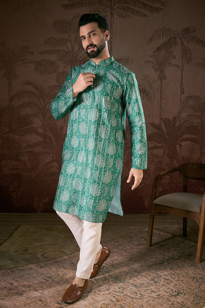 Teal Silk Blend Floral Printed Straight Kurta With Trouser MKSET1971