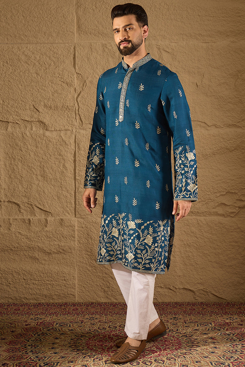 Blue Chanderi Silk Solid Embroidered Straight Kurta with Trouser MKSET1315