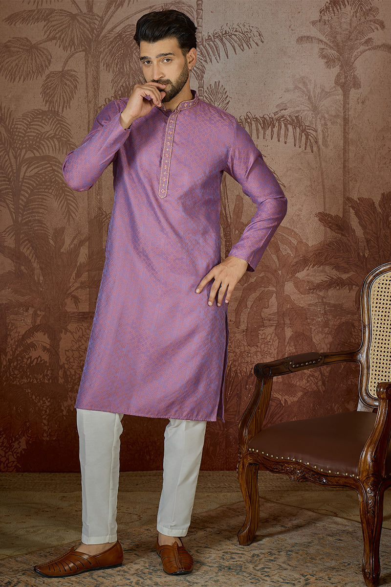 Purple Jacquard Geometric Embroidered Kurta MKU2549