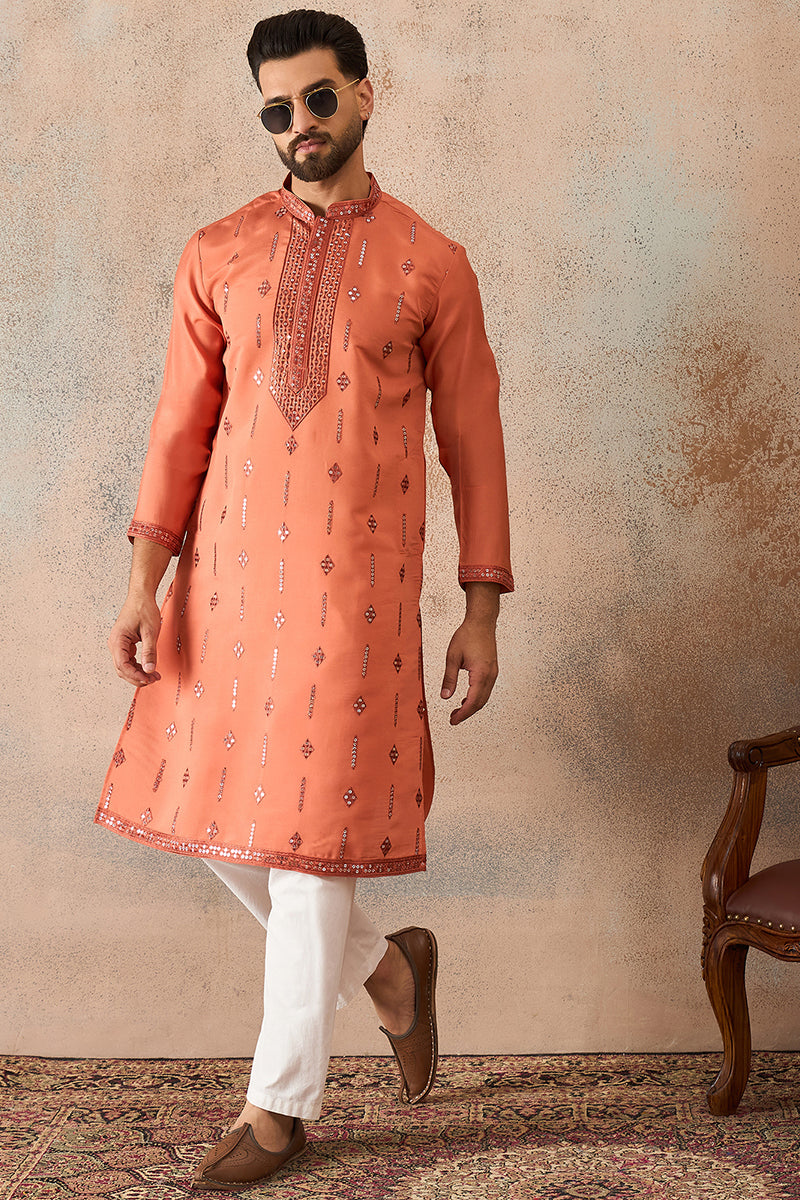 Orange Silk Blend Solid Embroidered Kurta With Trouser MKSET2258