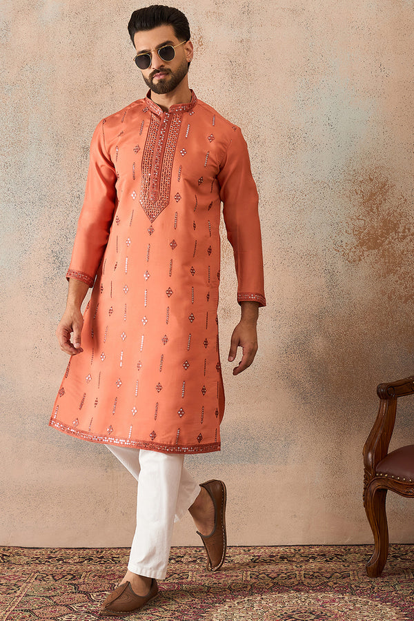 Orange Silk Blend Solid Embroidered Kurta With Trouser MKSET2258