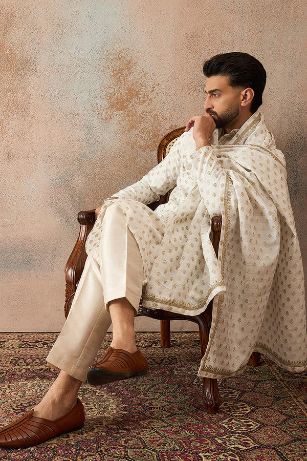 White Jacquard Woven Design Floral Straight Kurta Sets MKPD1049