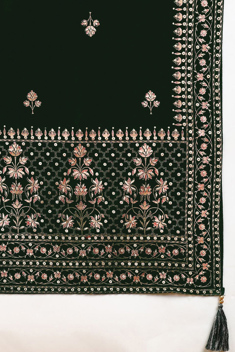 Green Velvet Ethnic Motifs Printed Straight Suit Set PKSKD2772