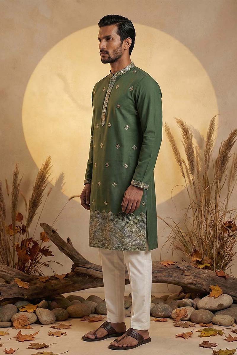 Silk Blend Green Solid Embroidered Calf Length Straight Kurta MKU2101