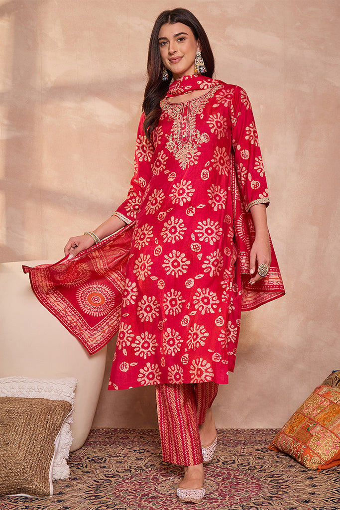 Pink Rayon Blend Floral Printed Straight Kurta Trouser With Dupatta VKSKD3214