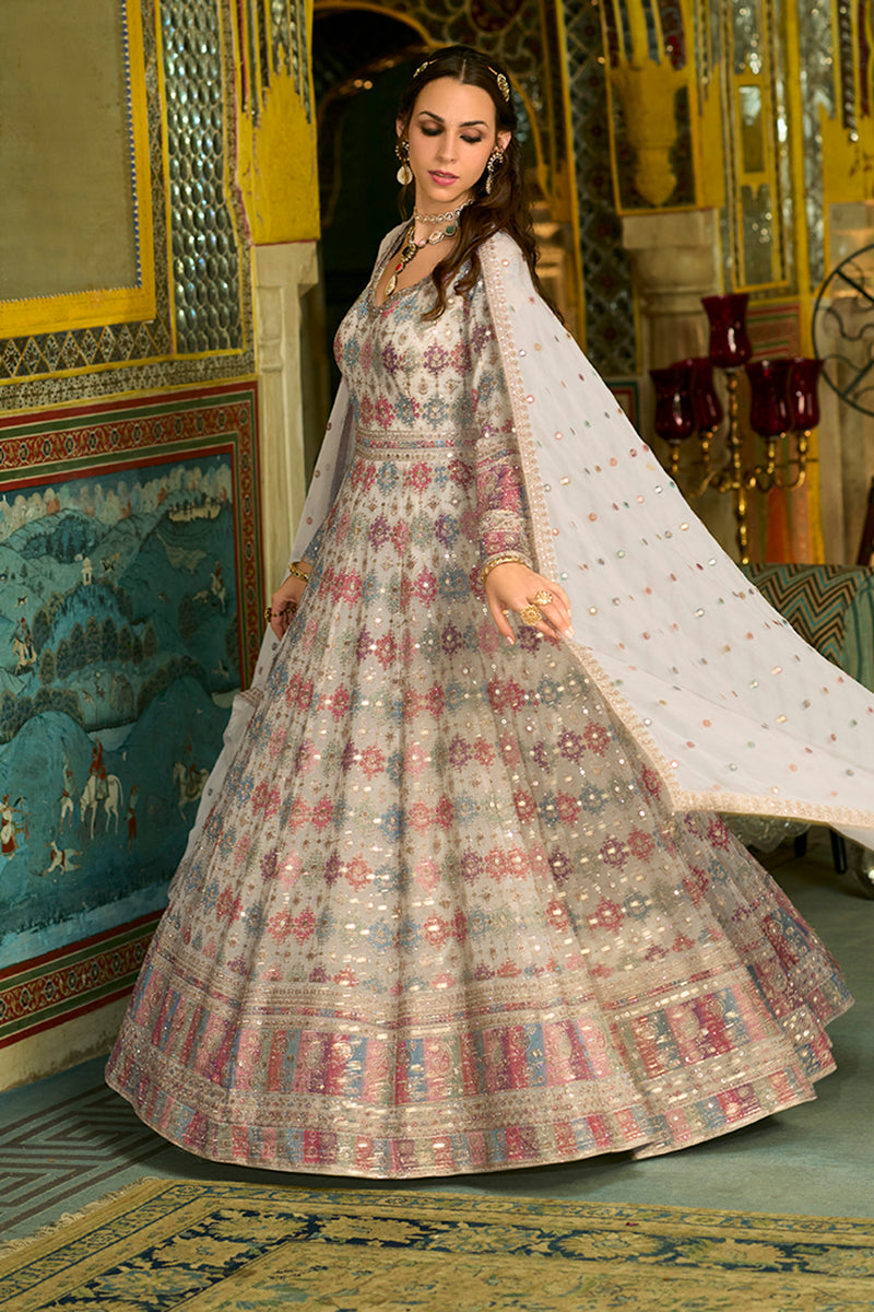 Off White Georgette Embroidered With Hand Work Gown With Dupatta VKSET1541