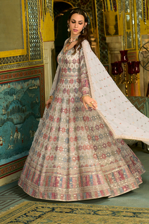 Off White Georgette Embroidered With Hand Work Gown With Dupatta VKSET1541