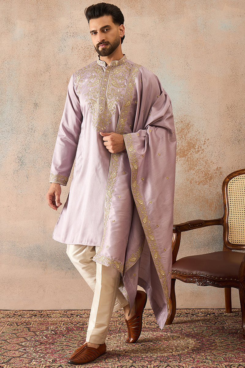 Lavender Zari Embroidered Silk Blend Kurta with Trousers & Dupatta MKPD1047