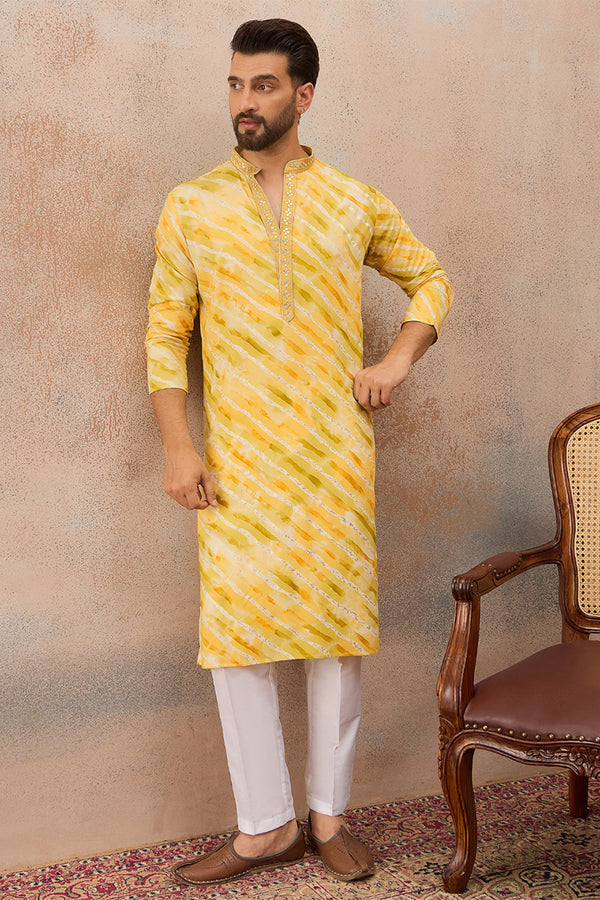 Yellow Viscose Rayon Leheriya Printed Kurta With Trouser MKSET2756