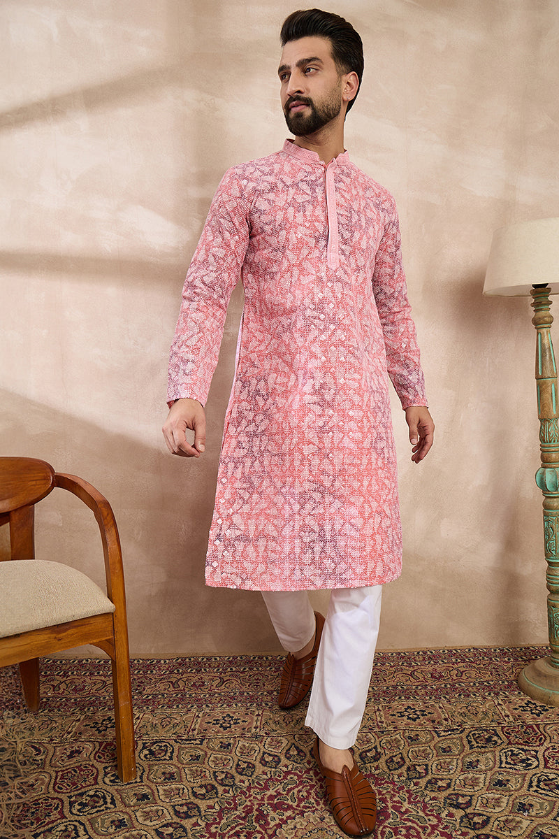 Pink Viscose Rayon Ethnic Motifs Embroidered Straight Kurta With Trouser MKSET1654