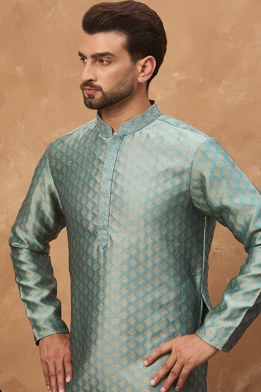 Blue Silk Blend Solid Woven Design Straight Kurta MKU1457