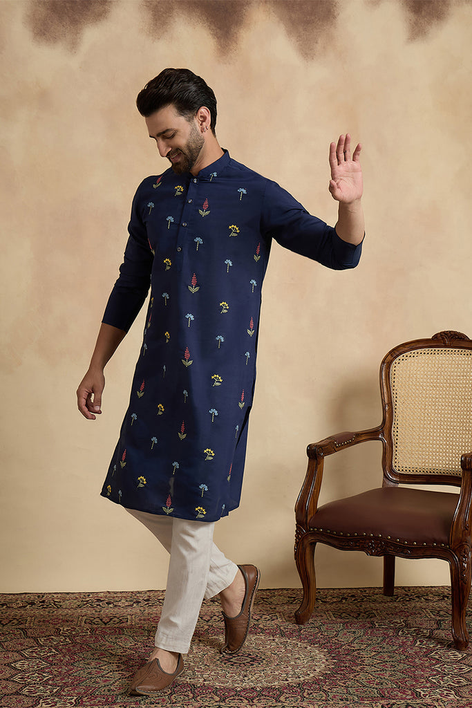 Navy Blue Silk Blend Solid Embroidered Thread Work Kurta MKU2468