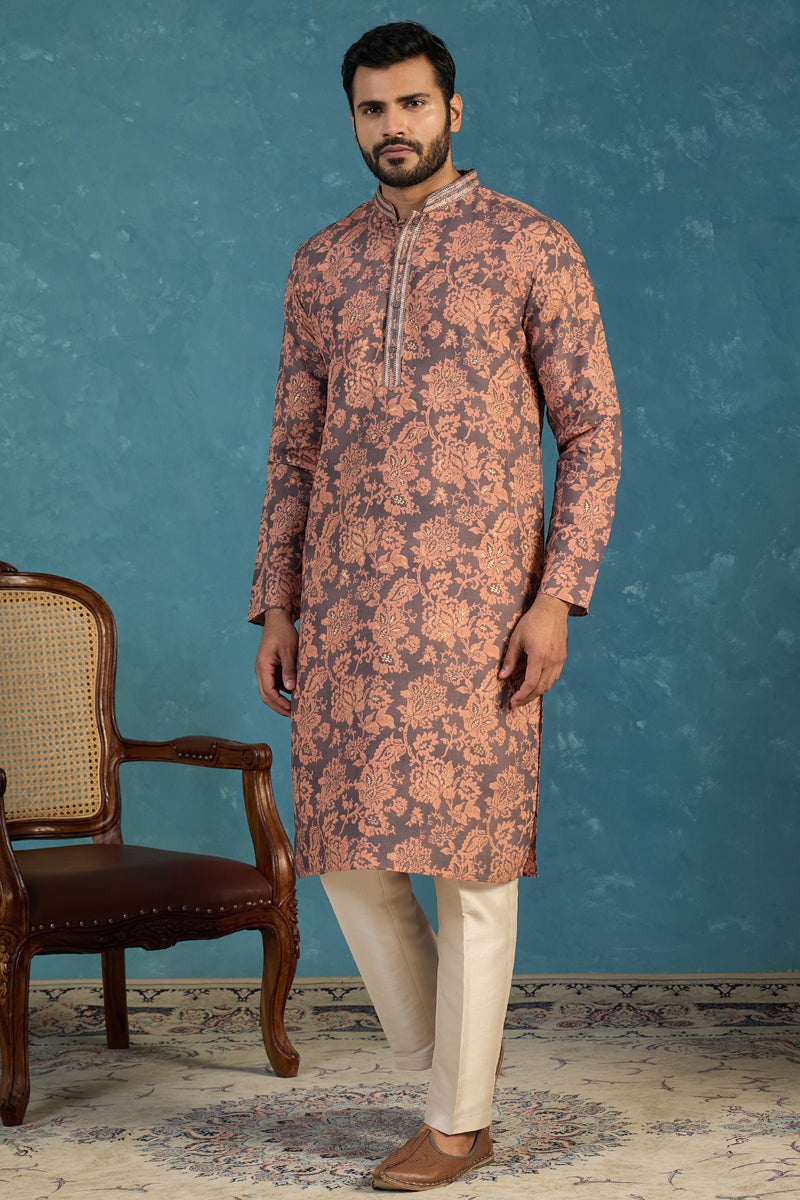 Grey Modal Floral Printed Calf Length Straight Regular Kurta MKU1980