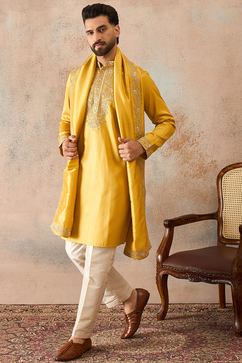 Yellow Silk Blend Embroidered Ethnic Kurta with Dupatta MKUD1023