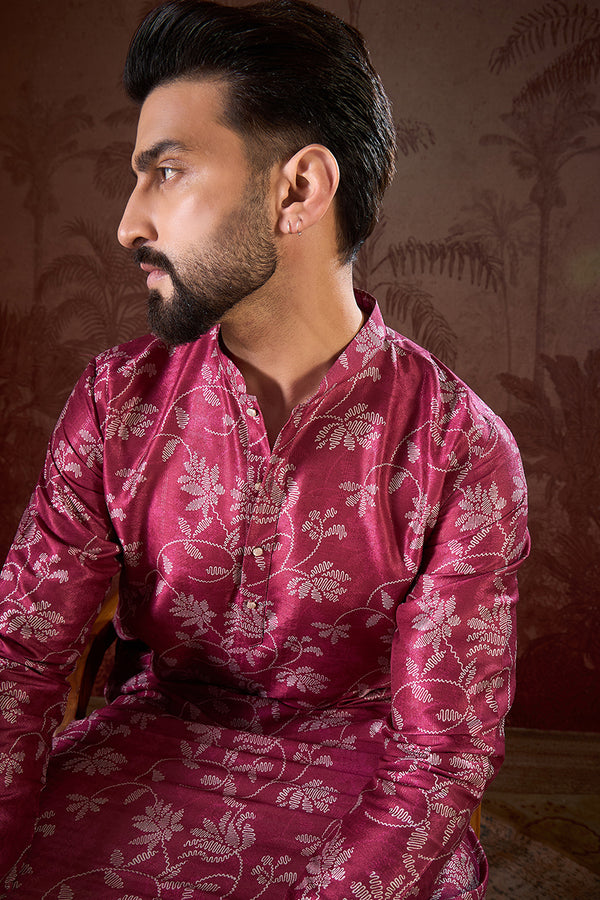 Red Silk Blend Floral Printed Straight Kurta With Trouser MKSET1975