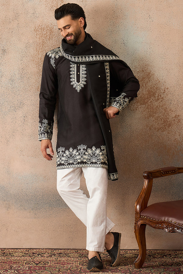 Black Silk Blend Solid Embroidered Kurta & Trouser With Dupatta MKPD1012
