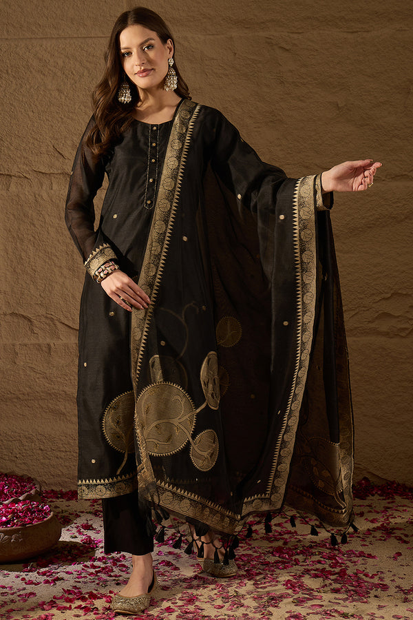 Black Chanderi Solid Woven Design Straight Kurta Trousers With Dupatta SKSKD3069
