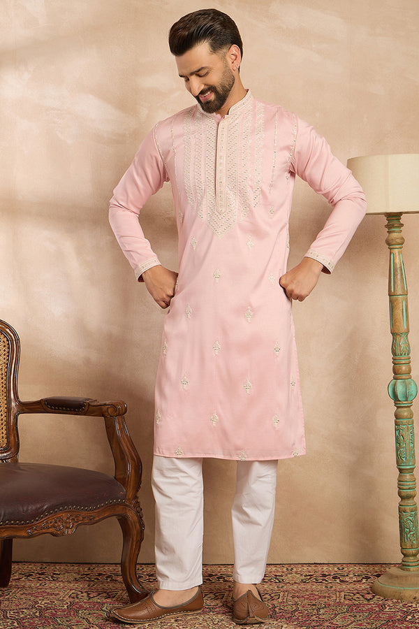Pink Silk Geometric Embroidered Straight Kurta With Trouser MKSET1683